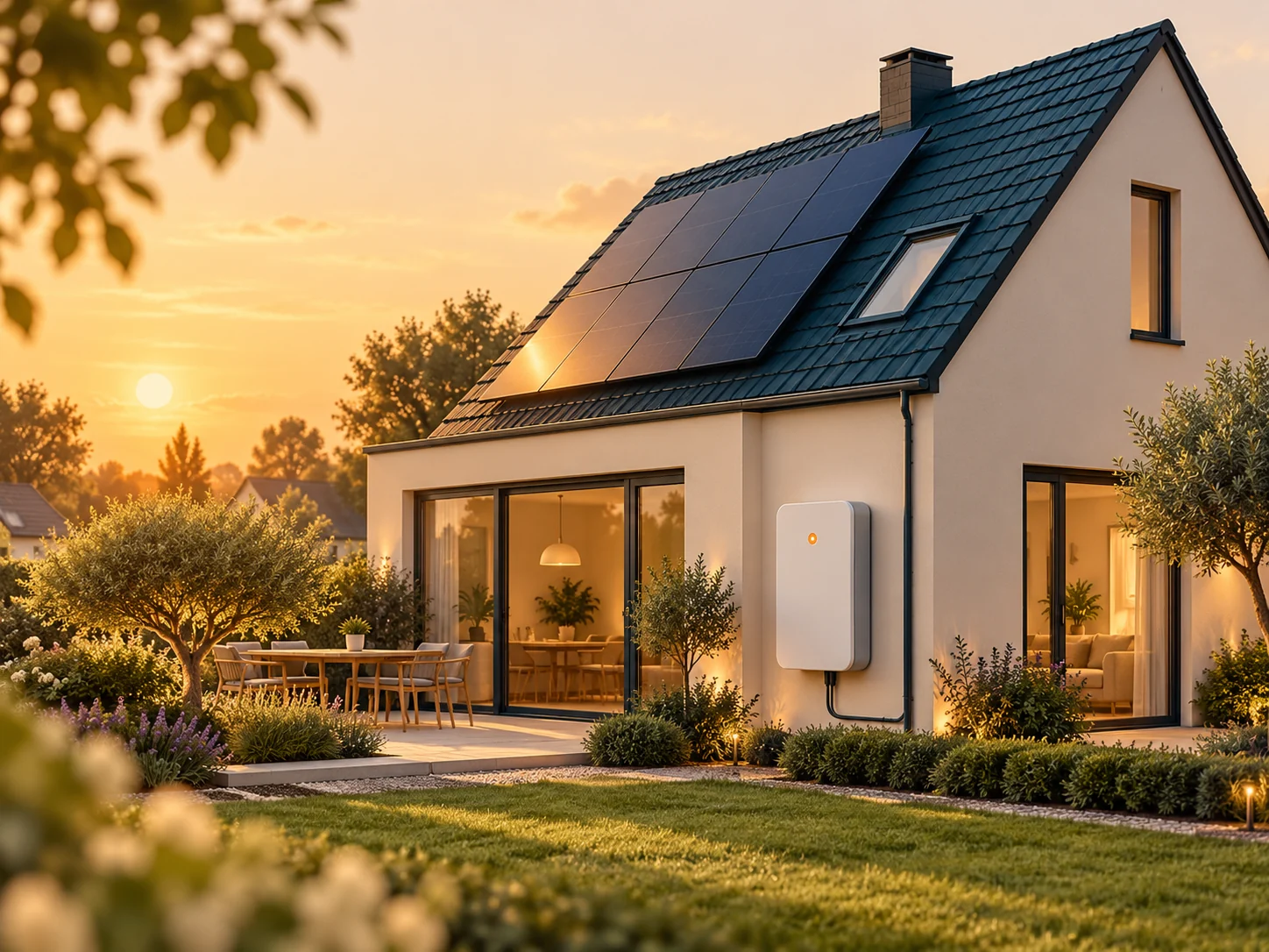 Illustratieve woning met zonnepanelen en een thuisbatterij in warm avondlicht